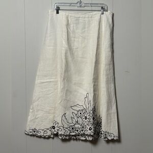 JM Collection 100% Linen White A-Line Skirt w/ Floral Embroidered Design Sz 16W